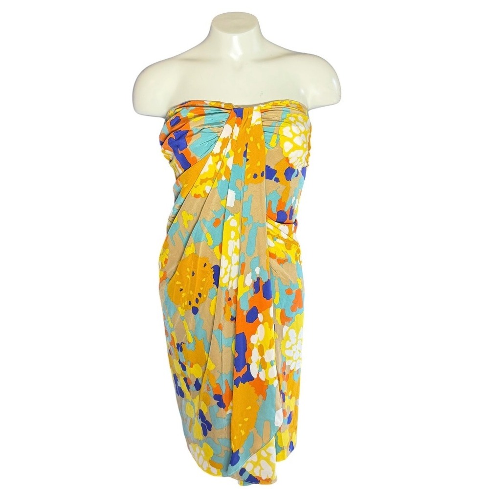 Diane von Furstenberg Edythe Silk Strapless Dress Yellow Blue Floral Sz 2 DVF